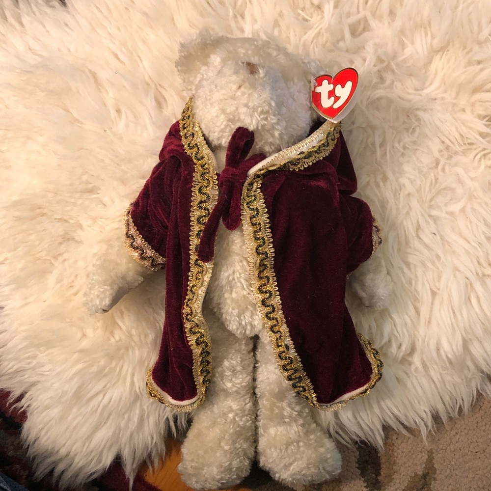 Ty Cream Plush Bear with Burgundy Velvet Gold-Trimmed Robe